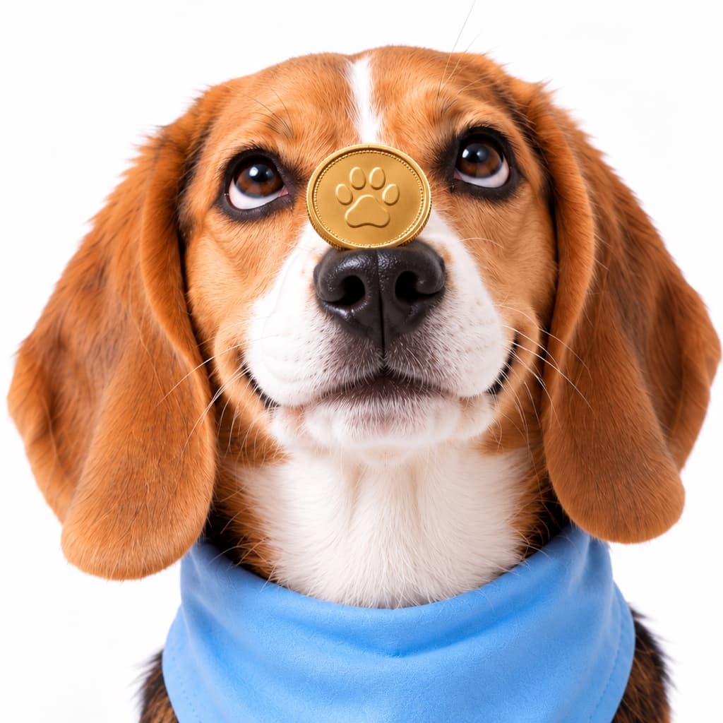A beagle balancing a gold paw-print coin on its nose