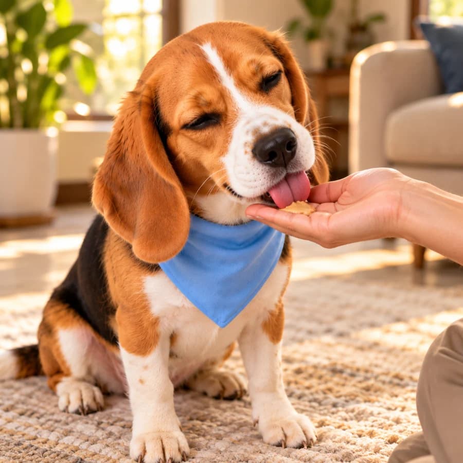 Our beagle licking a treat from an open hand