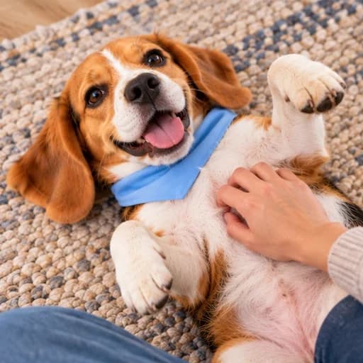 Our beagle getting a belly rub on the rug