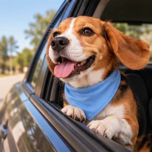 Our beagle looking out of a car window, ears in the wind