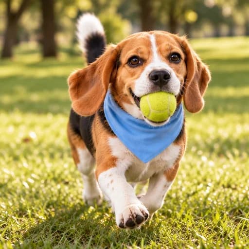 Our beagle running with a tennis ball in the park