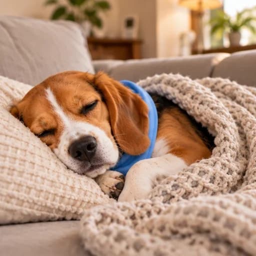 Our beagle asleep on the sofa under a blanket