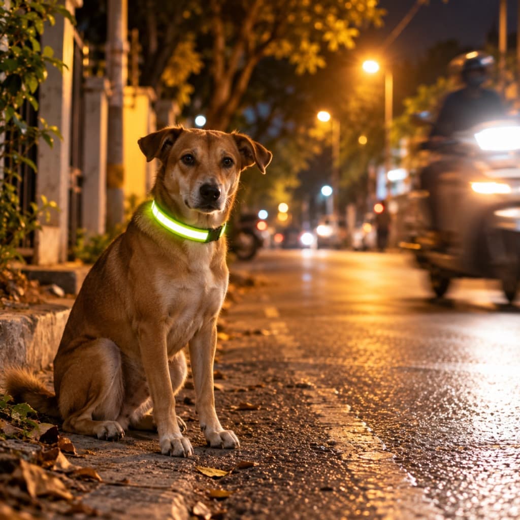 A dog in need wearing a reflective collar at night