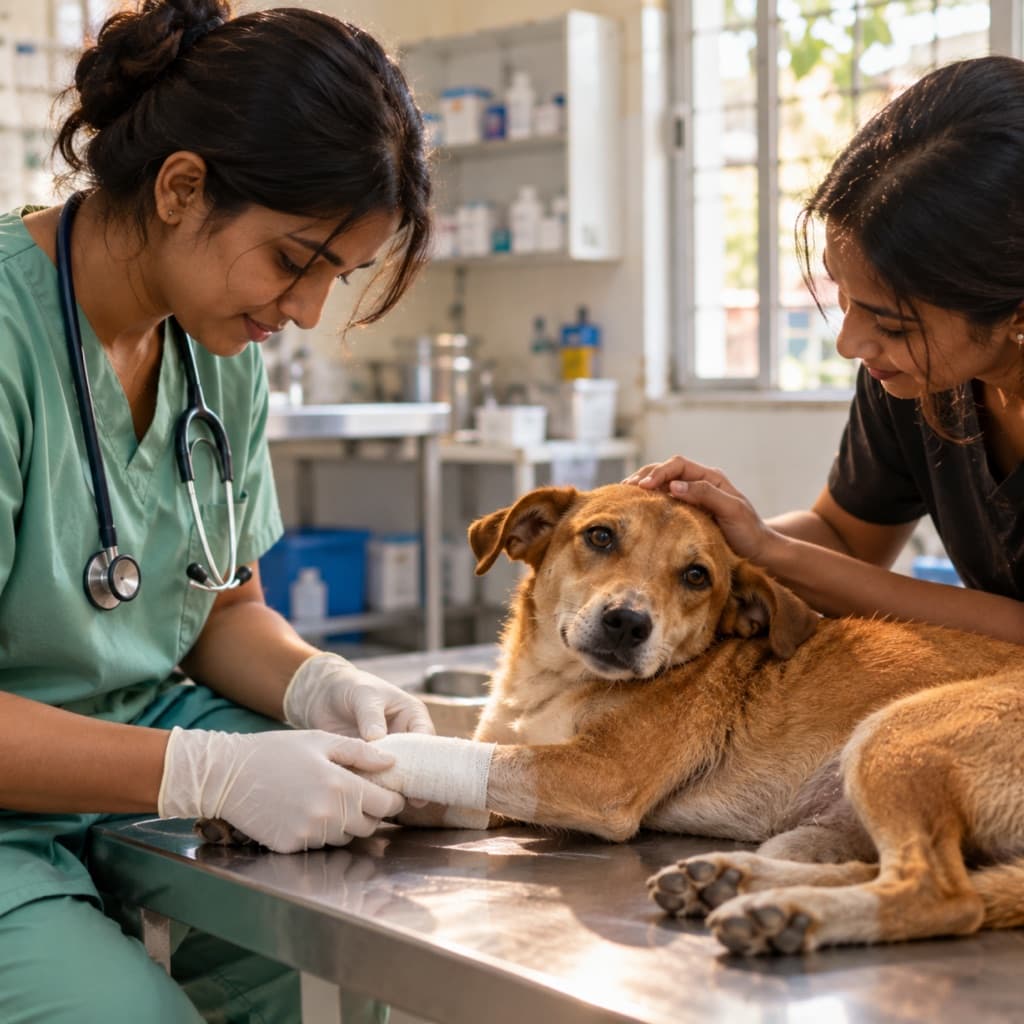 A dog in need being looked after by a vet