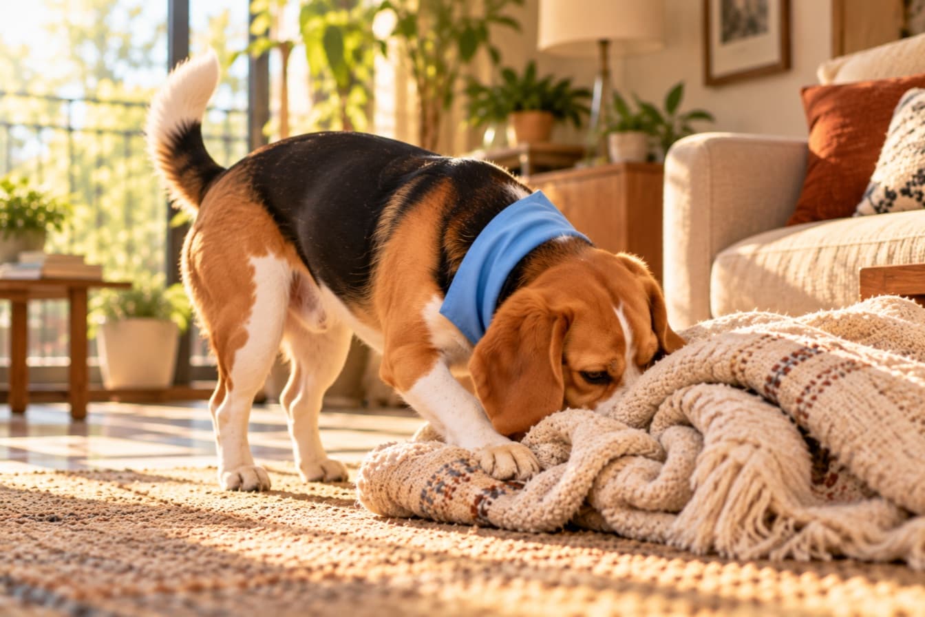 A beagle with its nose deep in a folded blanket on the rug, sniffing out a hidden treat
