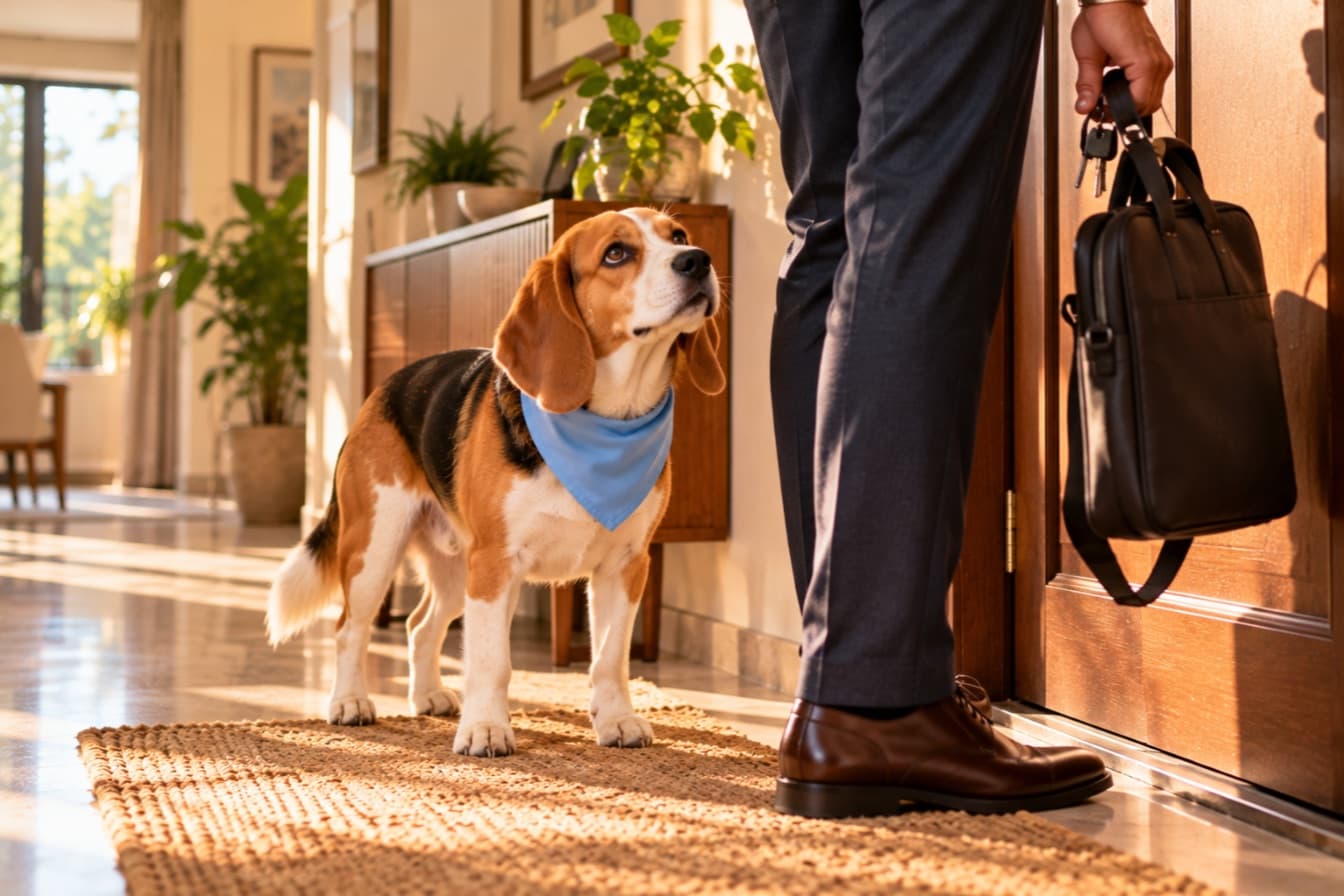 A beagle at the front door looking up at its person, who is picking up keys and a laptop bag to leave for work