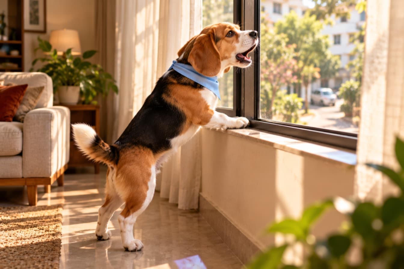 A beagle with its paws on the window sill, barking at the street