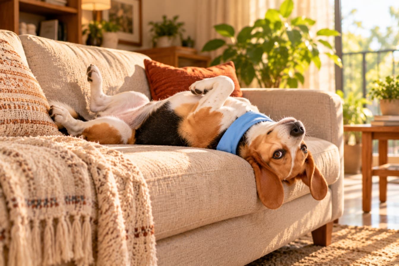 A bored beagle lying upside down on the sofa in the afternoon sun, with hours to fill