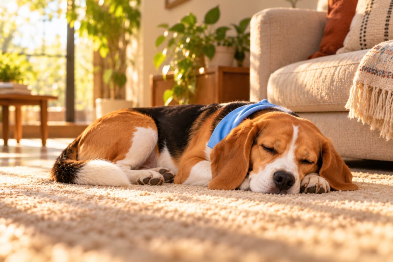 A beagle fast asleep on a soft rug in the afternoon sun