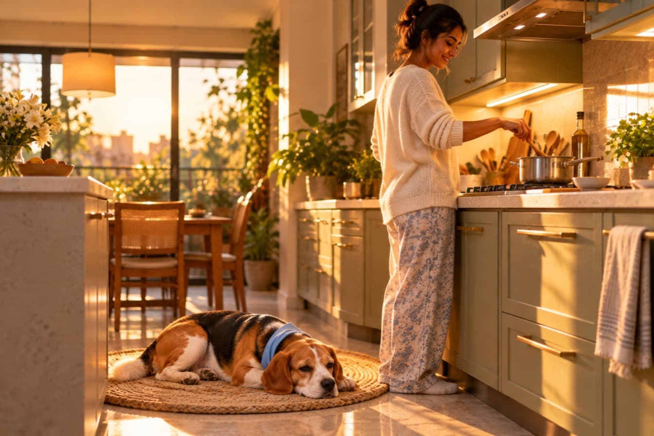 A woman cooking at the stove while the beagle lies relaxed on a mat on the kitchen floor