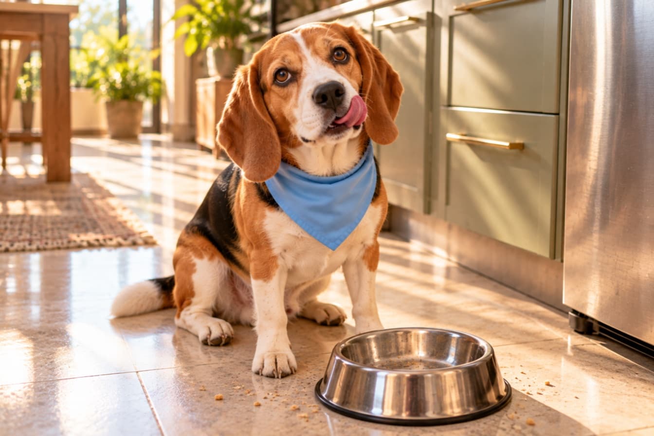 A beagle licking its lips beside an empty steel bowl, its meal gone in seconds
