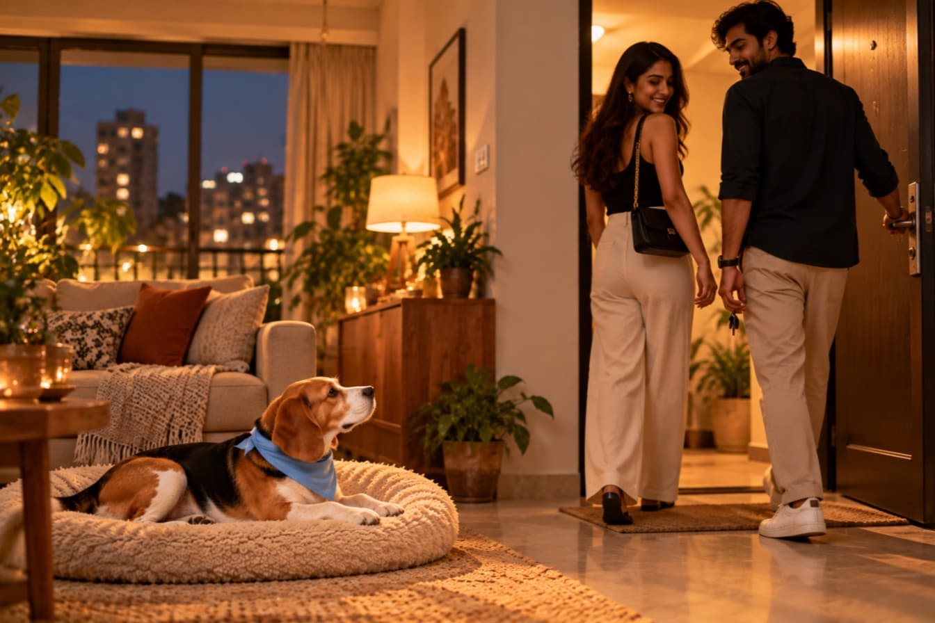 A couple heading out for the evening, smiling back at the beagle resting calmly on its bed