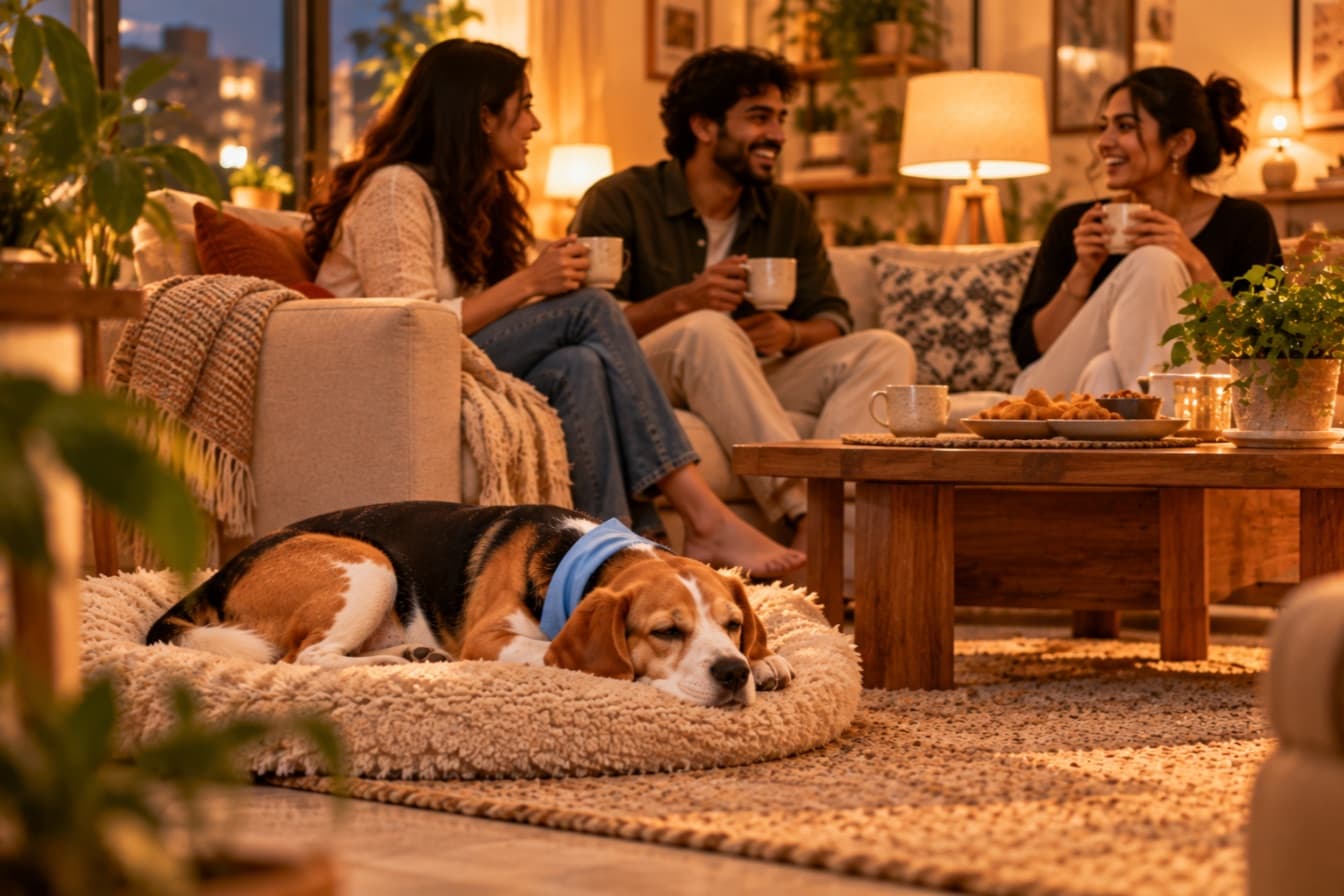 Friends chatting on the sofa while the beagle rests on its own bed