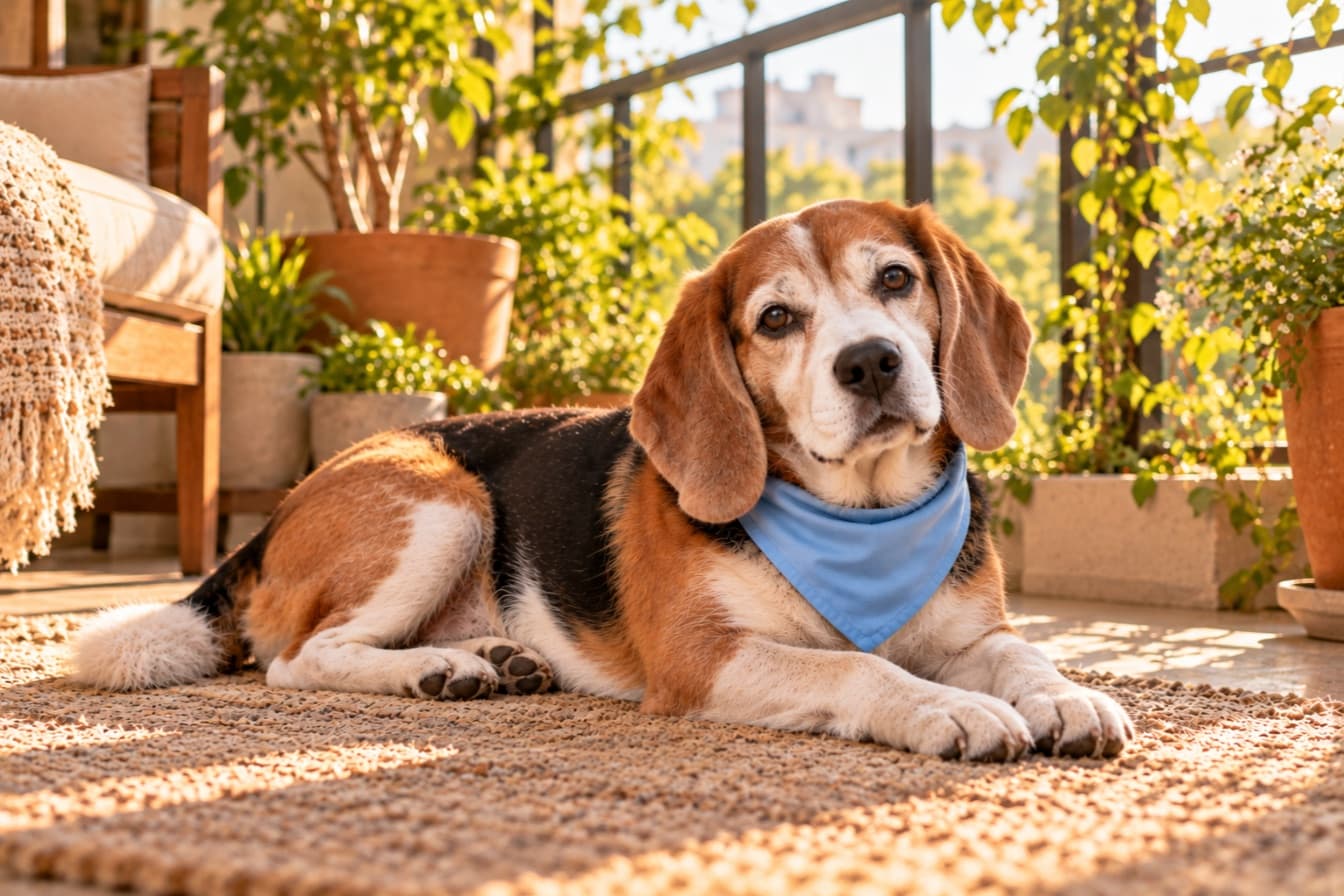 An older beagle with a grey muzzle resting on a rug on a sunny balcony