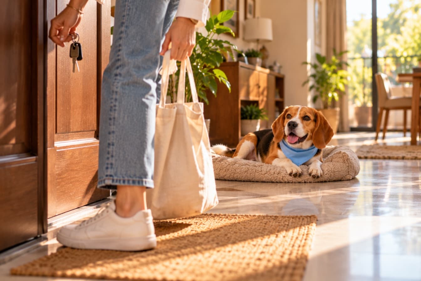 Someone picking up a shopping bag and keys at the door while the beagle relaxes on its bed