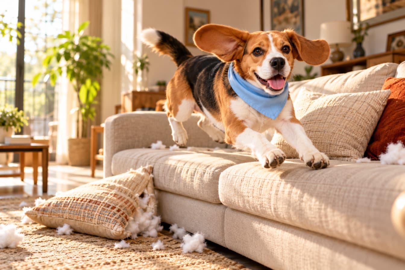 A beagle leaping across the sofa, a cushion knocked to the floor
