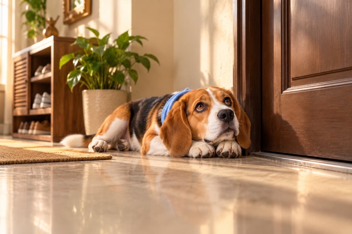A beagle lying by the closed front door, chin on its paws, waiting for its person