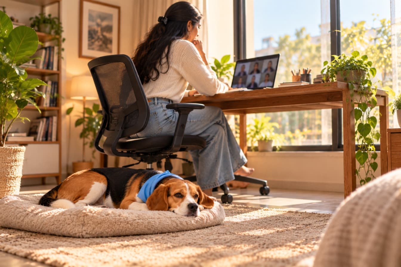 A woman on a video call at her desk while the beagle rests on its bed at her feet