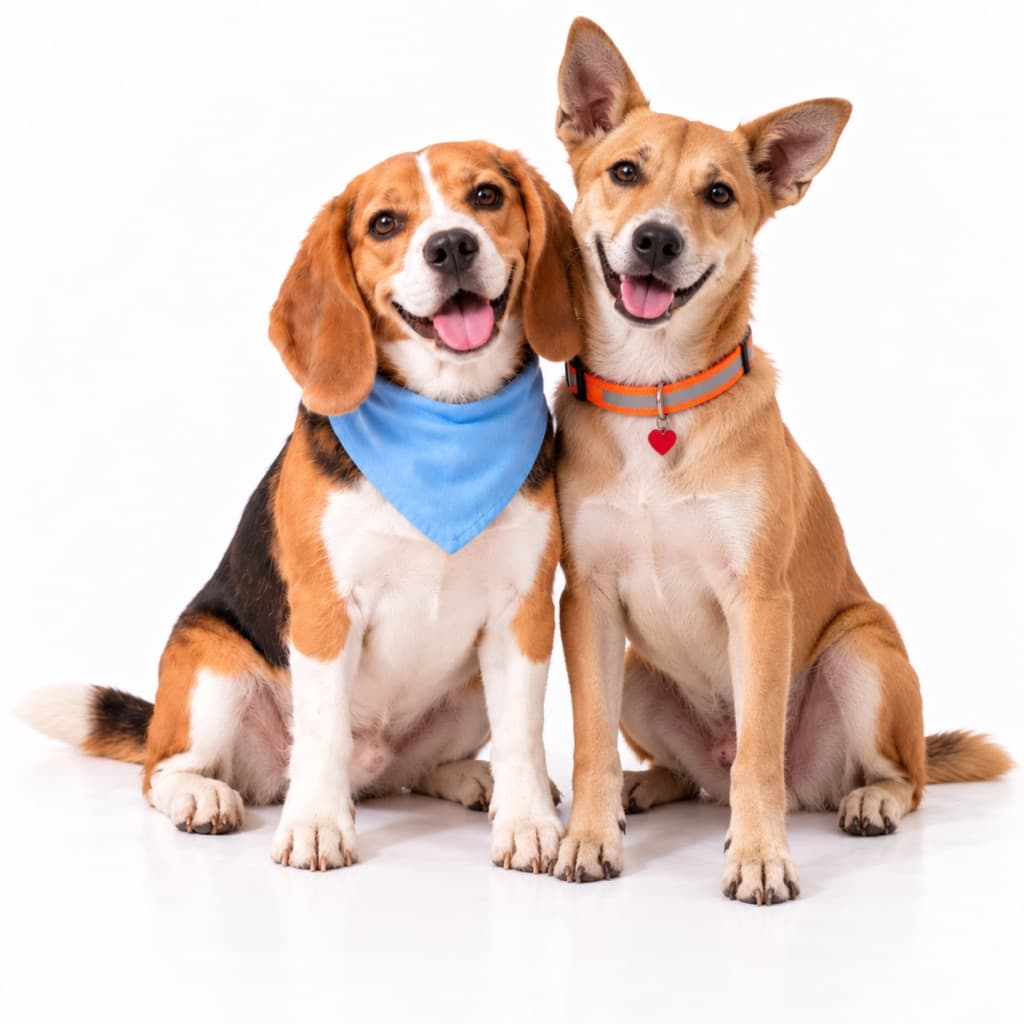 A beagle in a light blue bandana sitting beside an Indian dog in need wearing an orange reflective collar with a red heart tag