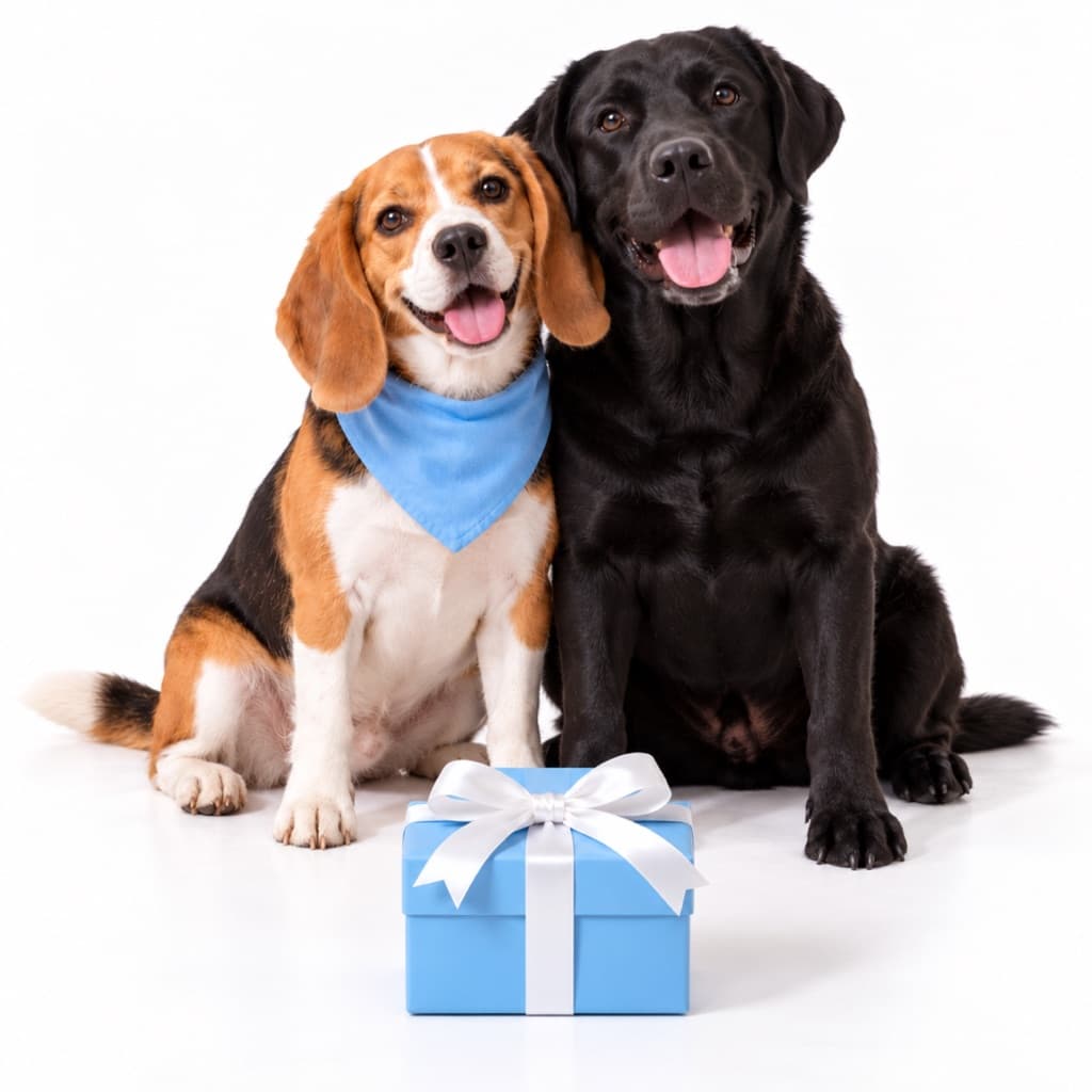 A beagle in a light blue bandana and a black Labrador sitting side by side behind a light blue gift box