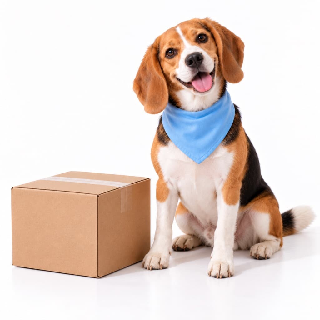 A beagle in a light blue bandana sitting happily beside a parcel